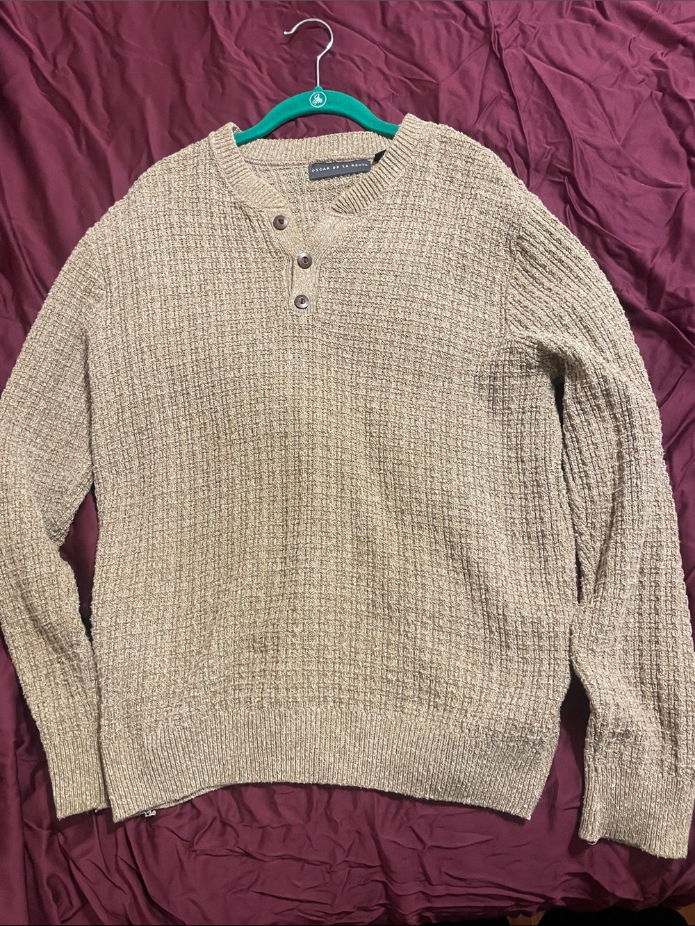 Oscar de la Renta Men's Brown vintage Henley sweater tan textured